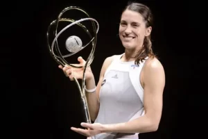 German player Andrea Petkovic holds the trophy of the WTA Antwerp Diamond Games tennis tournament in Antwerp