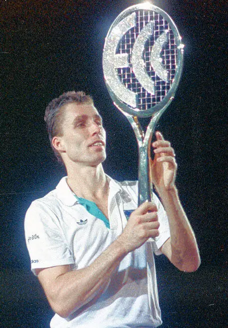 Ivan LENDL holds the golden diamond decorated racket after winning final of the European Community Championship in Antwerp