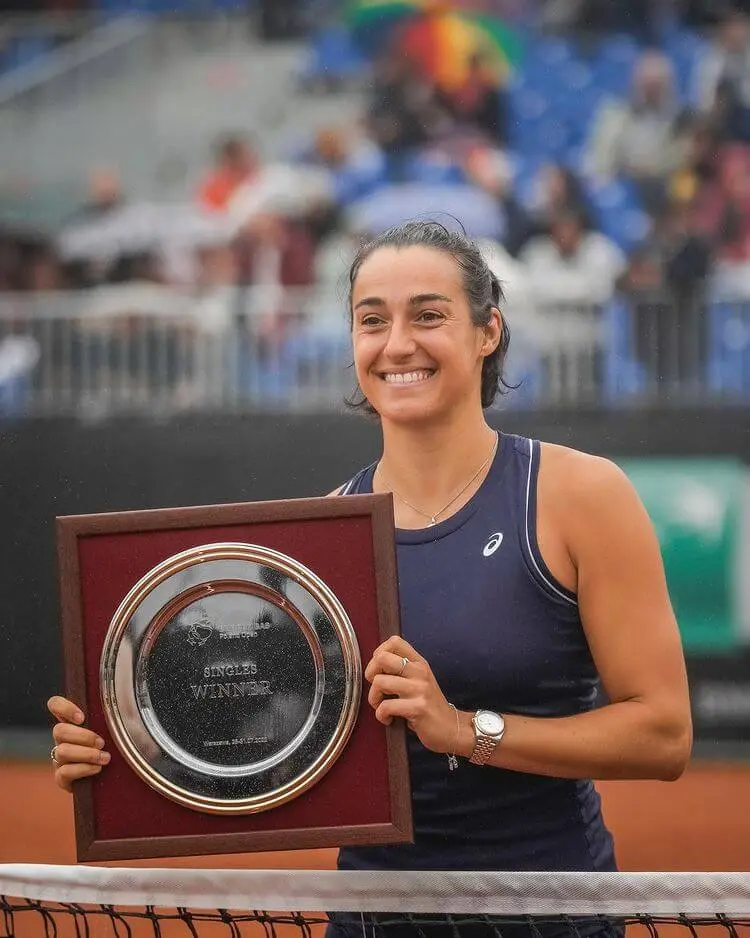 Caroline Garcia posing with Poland Open 2022 trophy