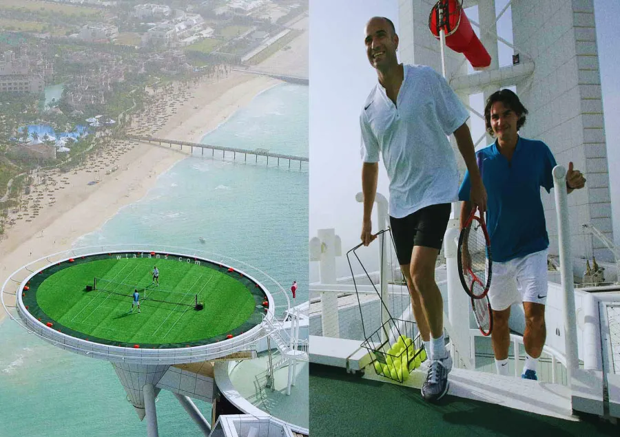 Andre Agassi, Roger Federer playing on The Dubai Heliport tennis Court